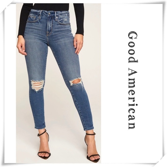 𝅺GOOD American Good Legs Crop Knees distressed Jeans GLC103T - Picture 1 of 11